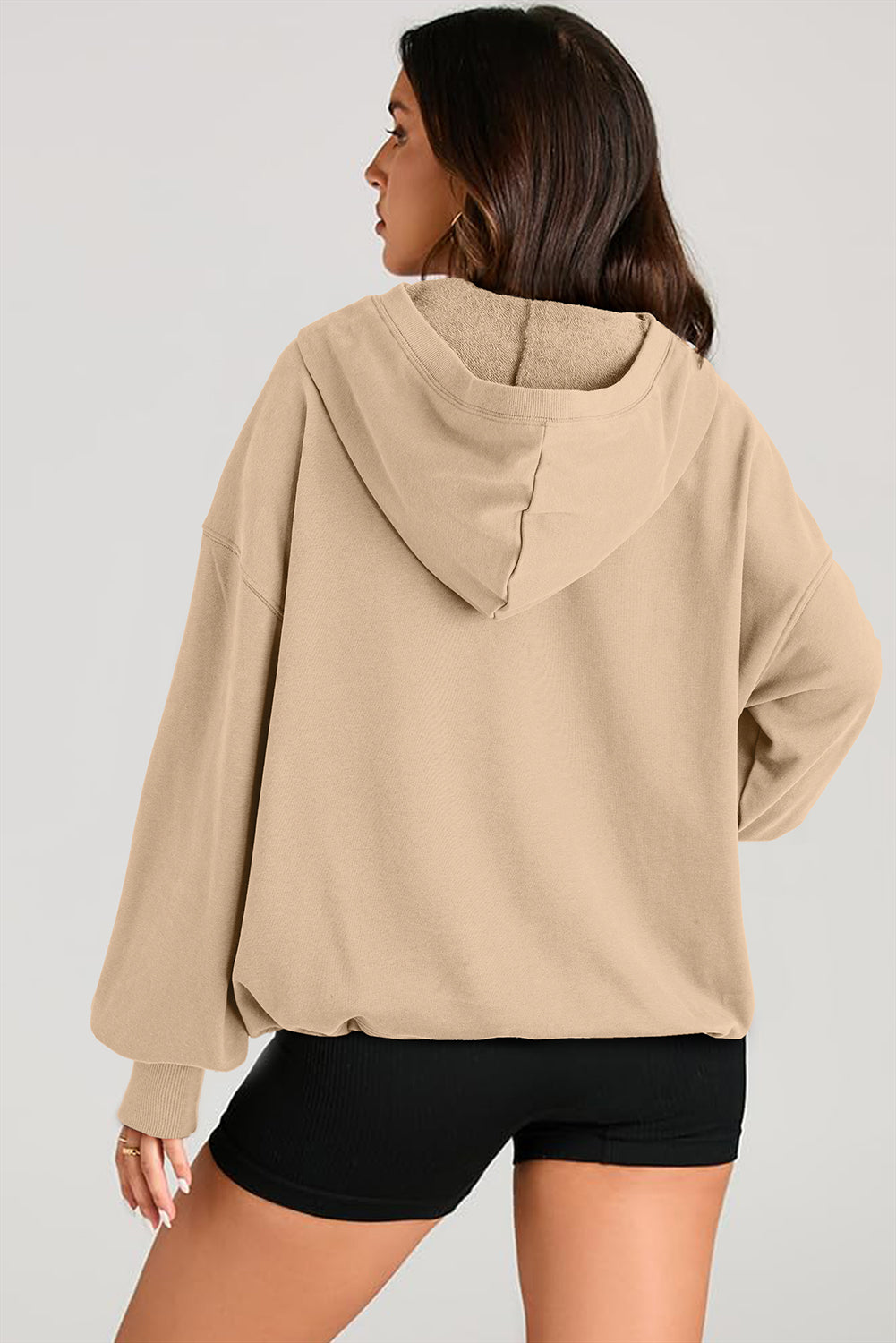 Pocketed Half Zip Long Sleeve Hoodie - aurelia-clothing-8955