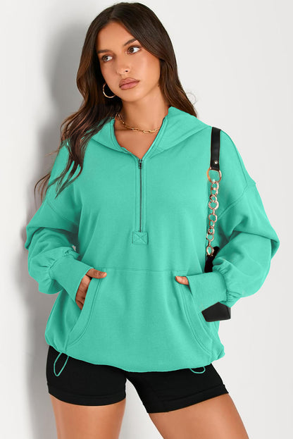 Pocketed Half Zip Long Sleeve Hoodie - aurelia-clothing-8955