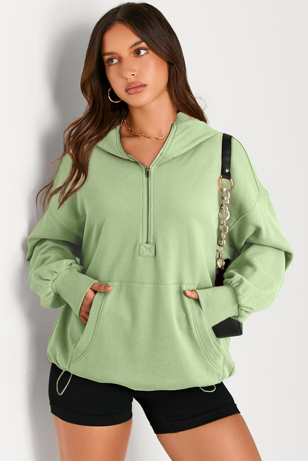 Pocketed Half Zip Long Sleeve Hoodie - aurelia-clothing-8955