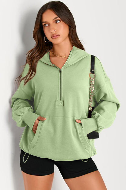 Pocketed Half Zip Long Sleeve Hoodie - aurelia-clothing-8955