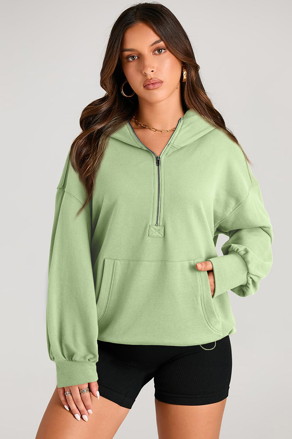 Pocketed Half Zip Long Sleeve Hoodie - aurelia-clothing-8955