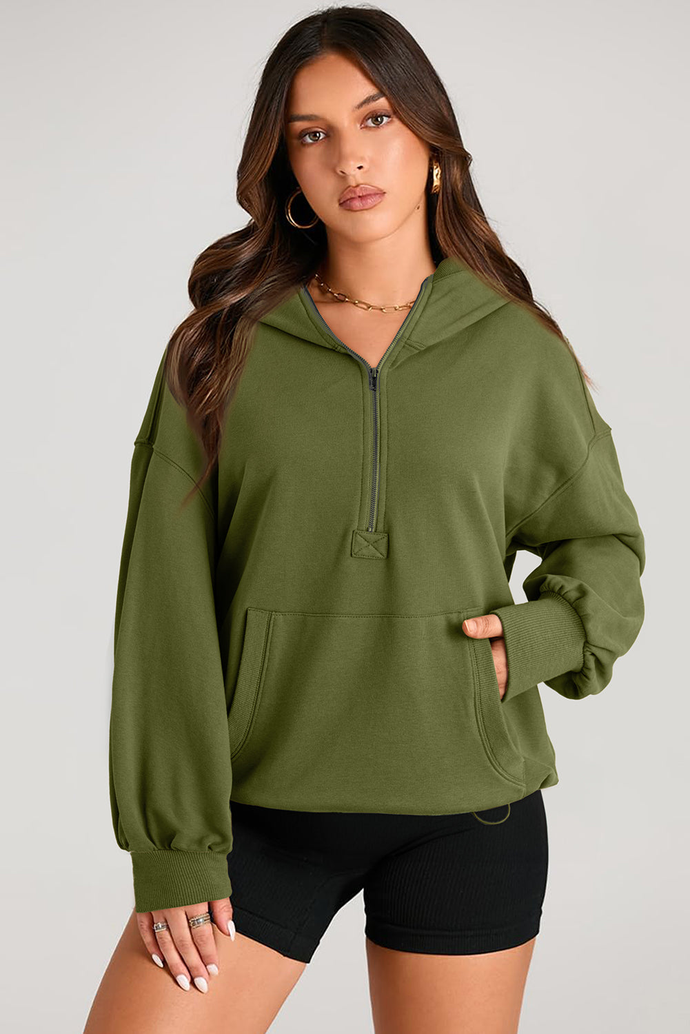 Pocketed Half Zip Long Sleeve Hoodie - aurelia-clothing-8955
