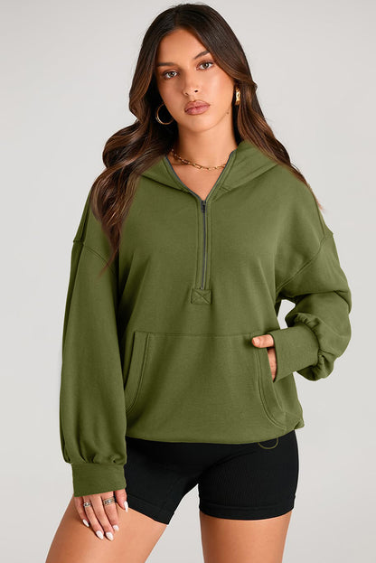 Pocketed Half Zip Long Sleeve Hoodie - aurelia-clothing-8955