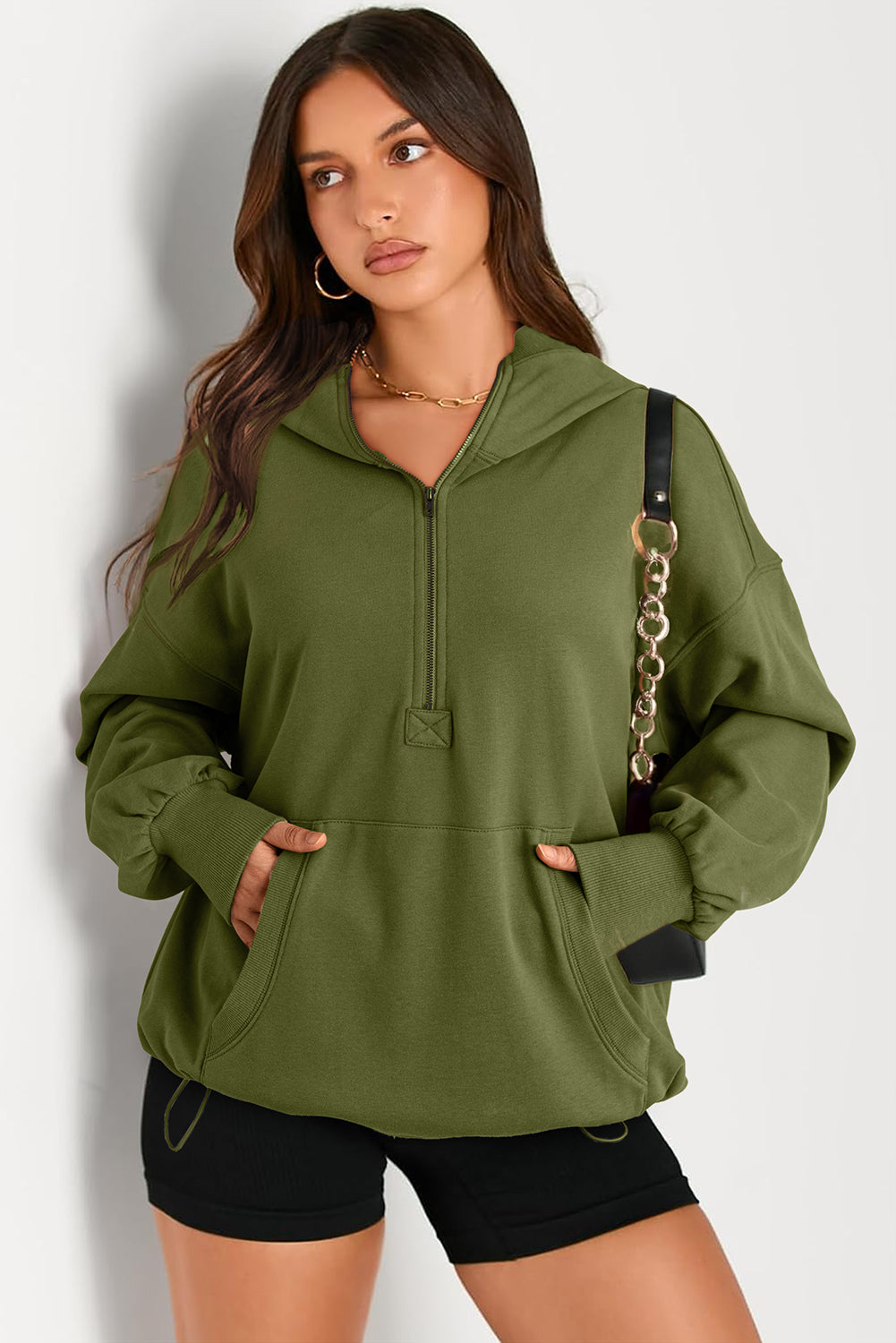Pocketed Half Zip Long Sleeve Hoodie - aurelia-clothing-8955