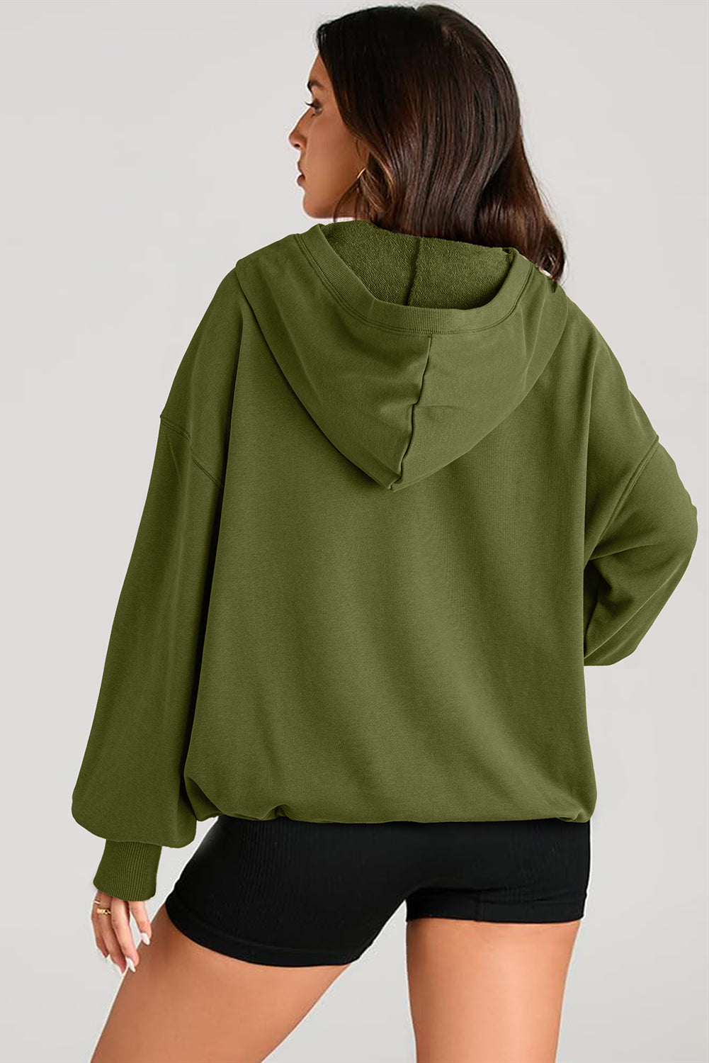 Pocketed Half Zip Long Sleeve Hoodie - aurelia-clothing-8955