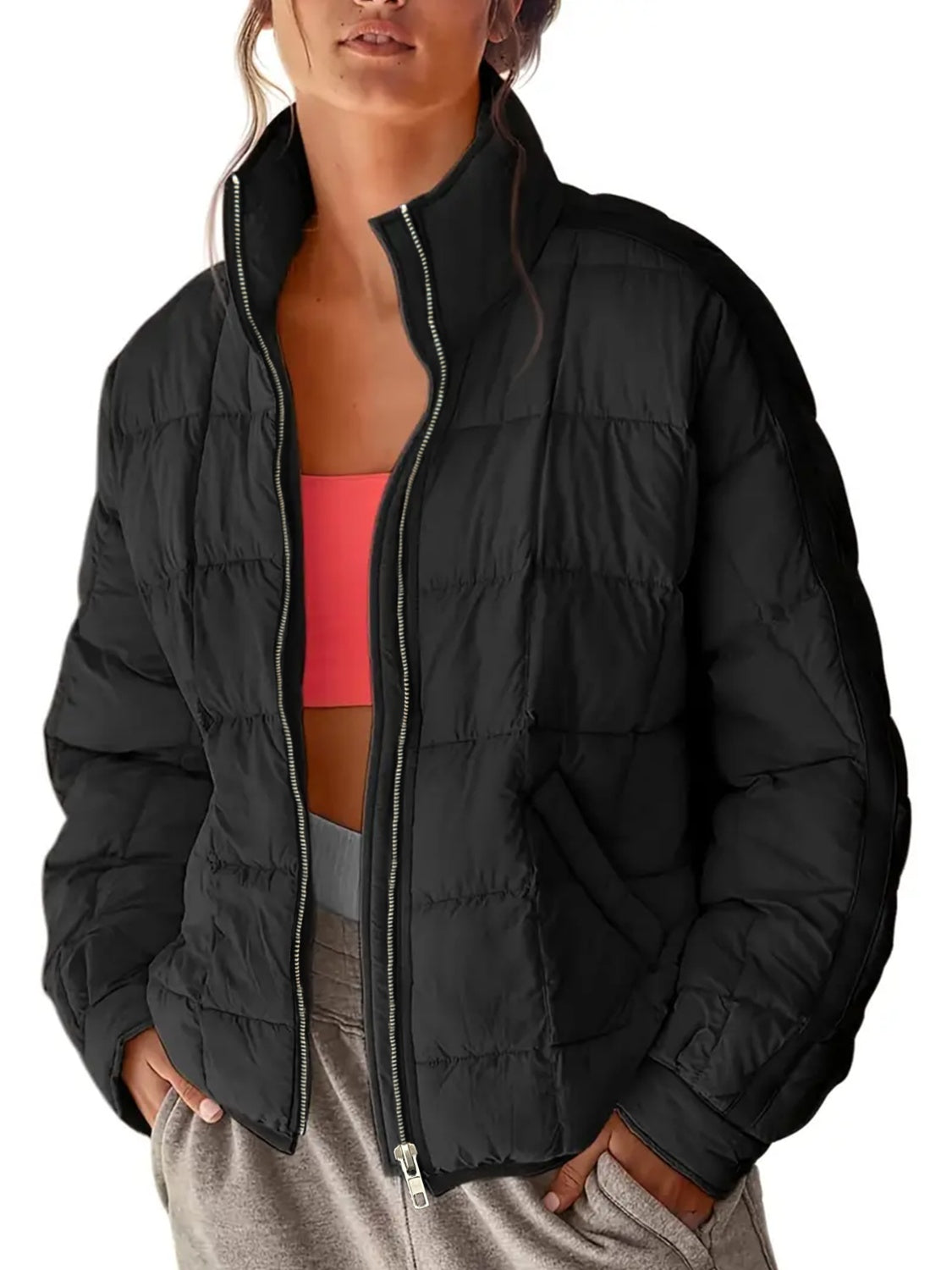 Pocketed Plaid Quilted Zip Up Winter Coat - aurelia-clothing-8955