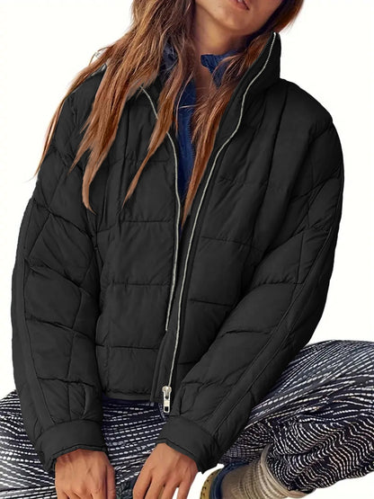 Pocketed Plaid Quilted Zip Up Winter Coat - aurelia-clothing-8955
