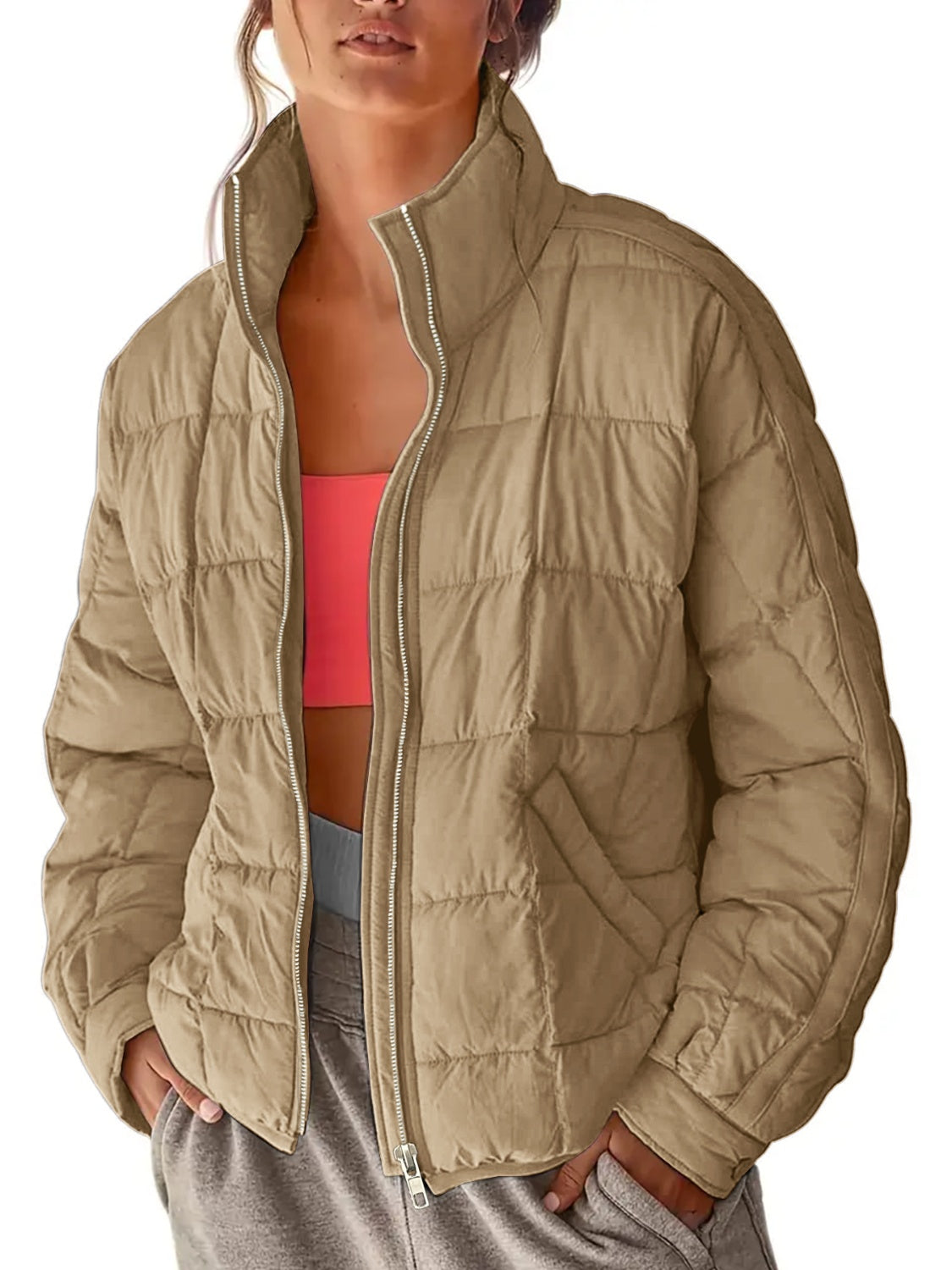 Pocketed Plaid Quilted Zip Up Winter Coat - aurelia-clothing-8955