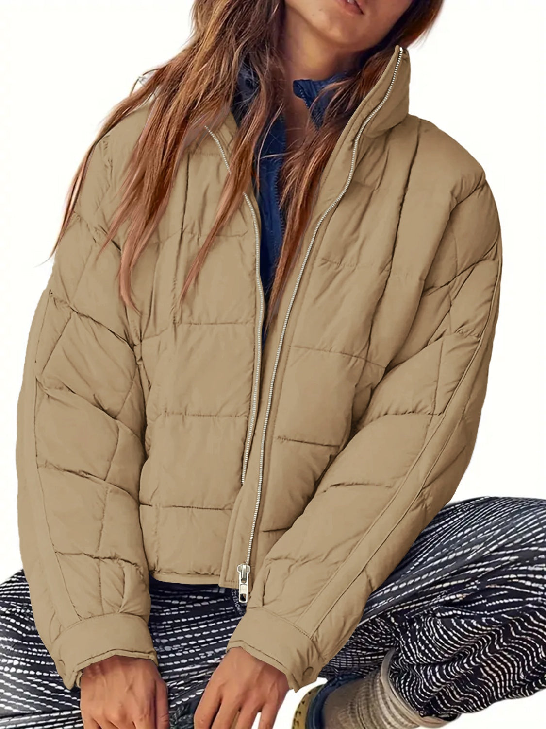 Pocketed Plaid Quilted Zip Up Winter Coat - aurelia-clothing-8955