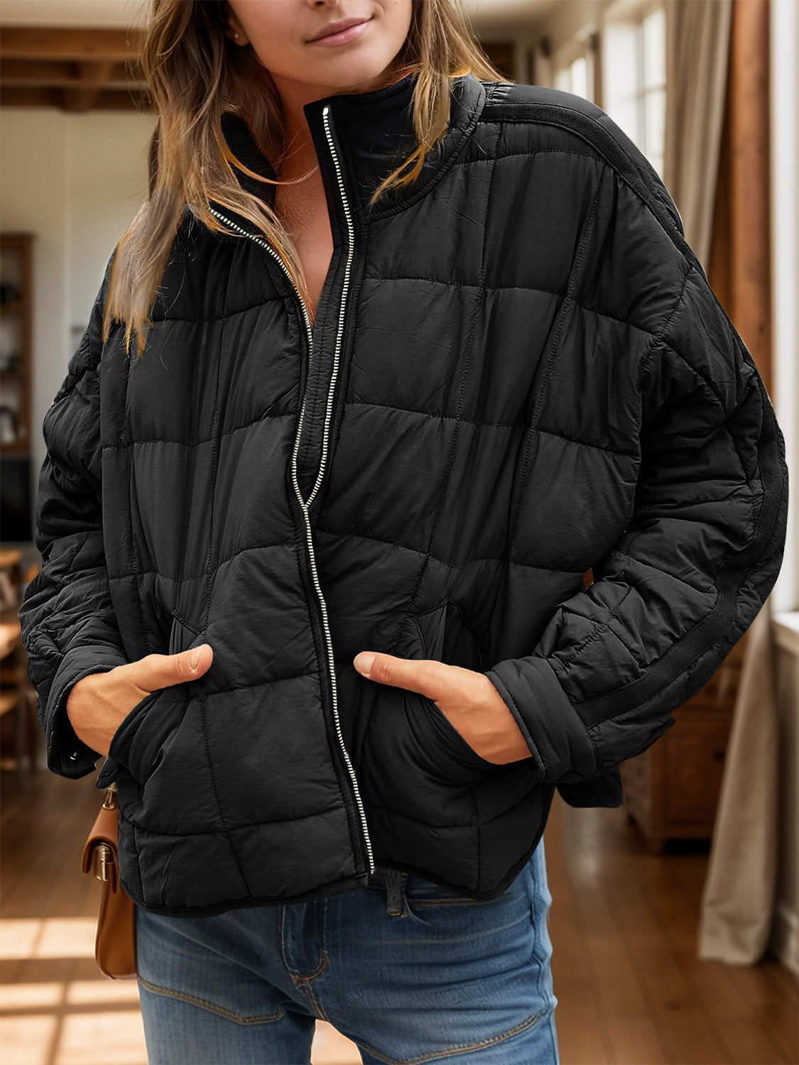 Pocketed Plaid Quilted Zip Up Winter Coat - aurelia-clothing-8955