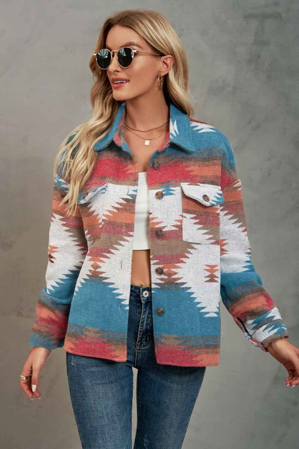 Printed Collared Neck Jacket - aurelia-clothing-8955