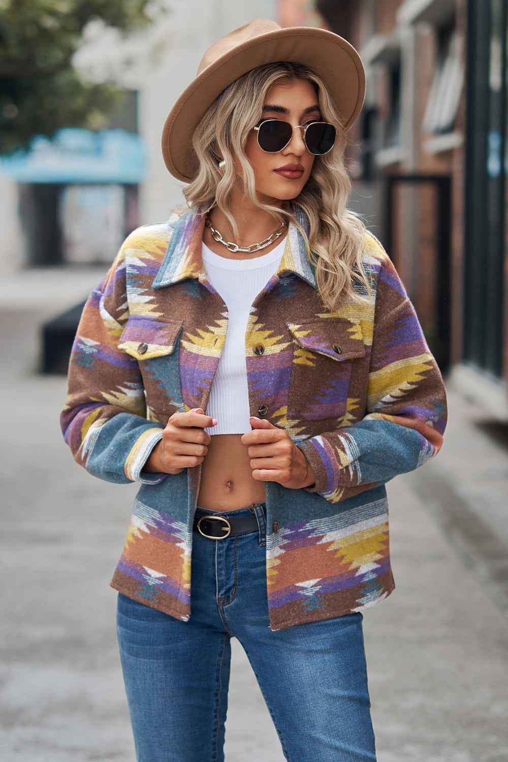 Printed Collared Neck Jacket - aurelia-clothing-8955
