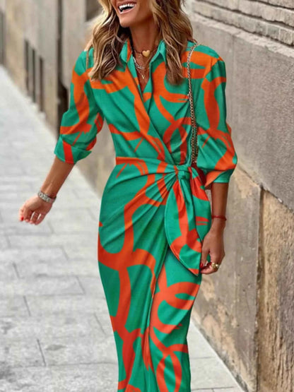 Printed Collared Neck Shirt Dress-Free Shipping - aurelia-clothing-8955