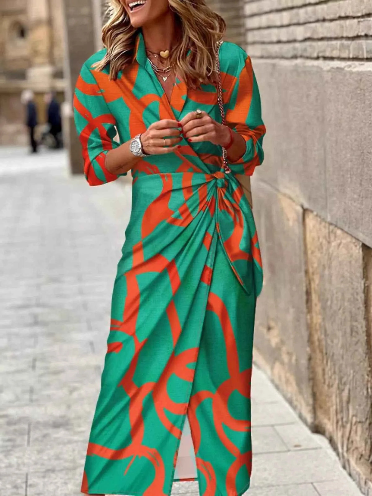 Printed Collared Neck Shirt Dress-Free Shipping - aurelia-clothing-8955
