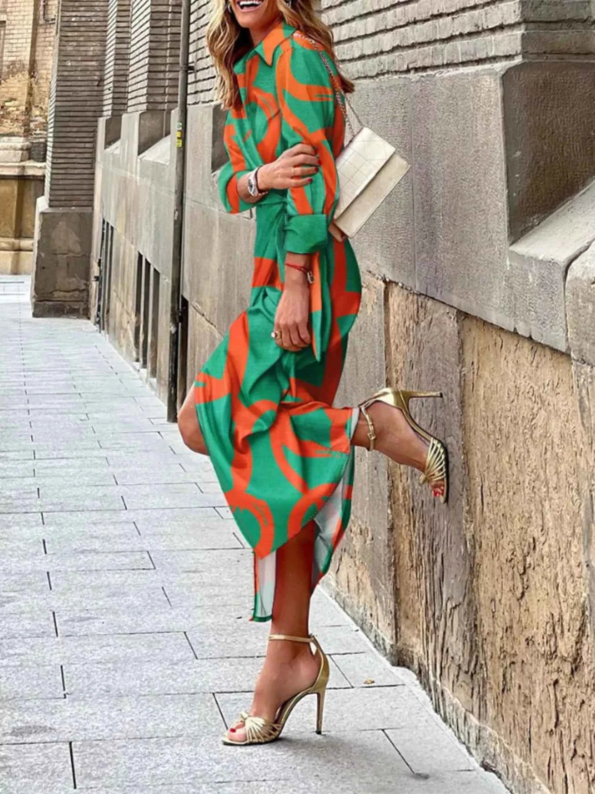 Printed Collared Neck Shirt Dress-Free Shipping - aurelia-clothing-8955