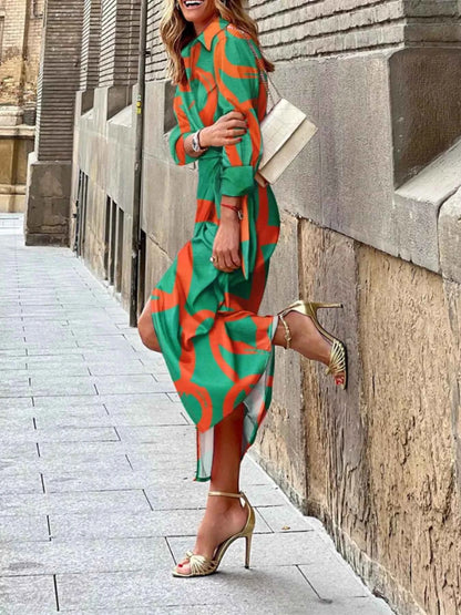 Printed Collared Neck Shirt Dress-Free Shipping - aurelia-clothing-8955