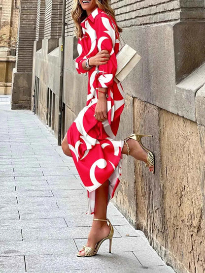 Printed Collared Neck Shirt Dress-Free Shipping - aurelia-clothing-8955