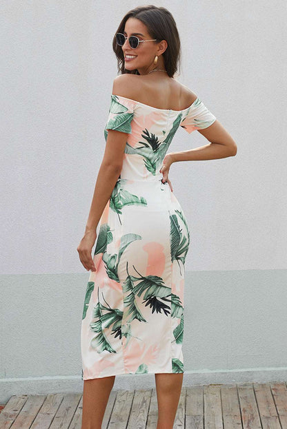 Printed Off-Shoulder Split Dress - aurelia-clothing-8955