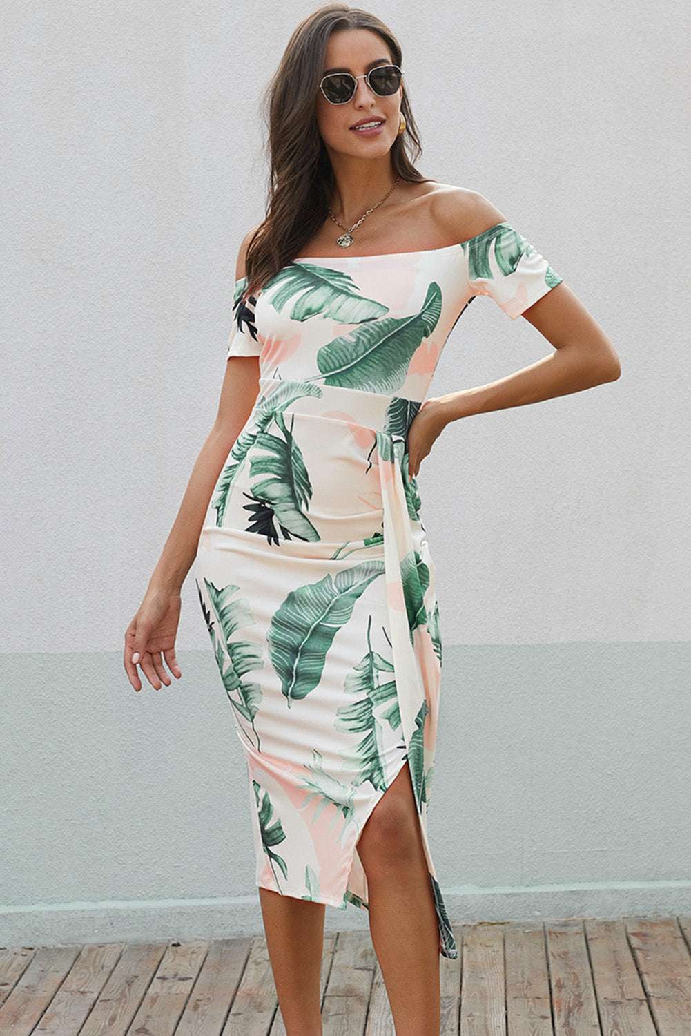 Printed Off-Shoulder Split Dress - aurelia-clothing-8955