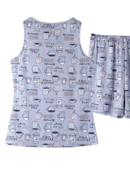 Printed Round Neck Top and Shorts Lounge Set - Free Shipping - aurelia-clothing-8955