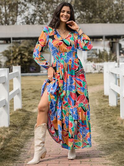 Printed Smocked Tie Neck Balloon Sleeve Maxi Dress - aurelia-clothing-8955