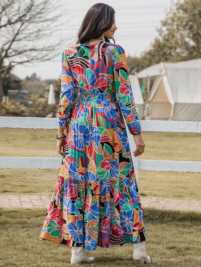 Printed Smocked Tie Neck Balloon Sleeve Maxi Dress - aurelia-clothing-8955
