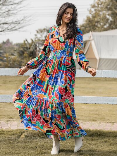 Printed Smocked Tie Neck Balloon Sleeve Maxi Dress - aurelia-clothing-8955