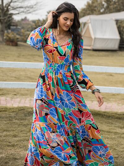 Printed Smocked Tie Neck Balloon Sleeve Maxi Dress - aurelia-clothing-8955