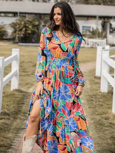 Printed Smocked Tie Neck Balloon Sleeve Maxi Dress - aurelia-clothing-8955