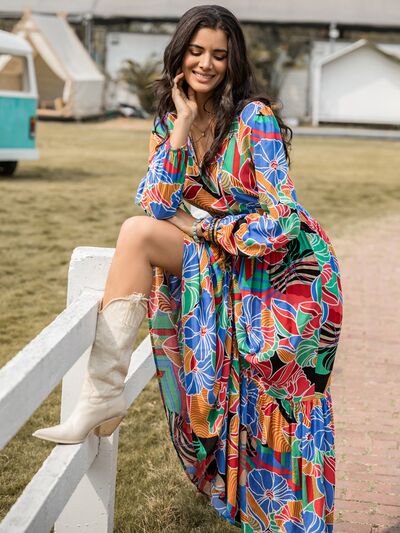 Printed Smocked Tie Neck Balloon Sleeve Maxi Dress - aurelia-clothing-8955