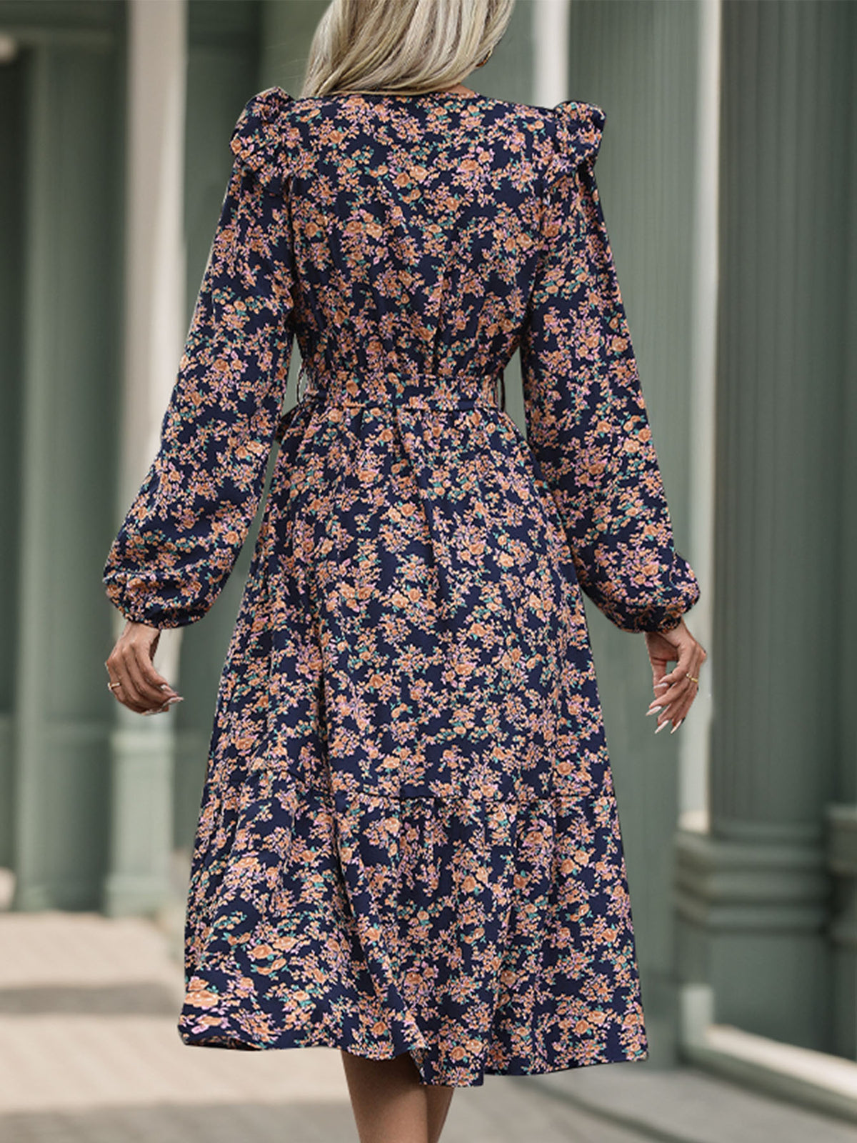 Printed Surplice Long Sleeve Midi Dress - Free Shipping - aurelia-clothing-8955