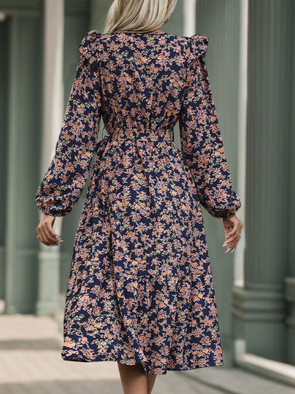 Printed Surplice Long Sleeve Midi Dress - Free Shipping - aurelia-clothing-8955