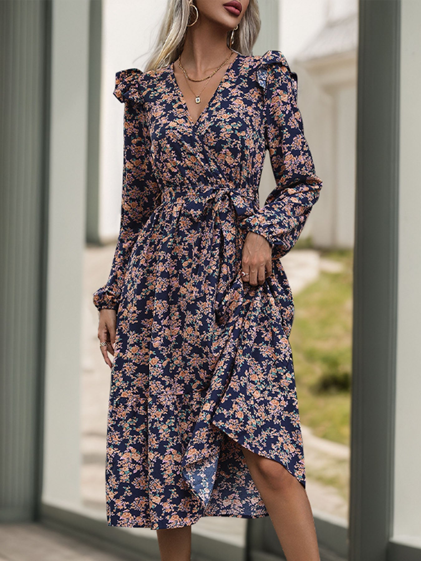 Printed Surplice Long Sleeve Midi Dress - Free Shipping - aurelia-clothing-8955