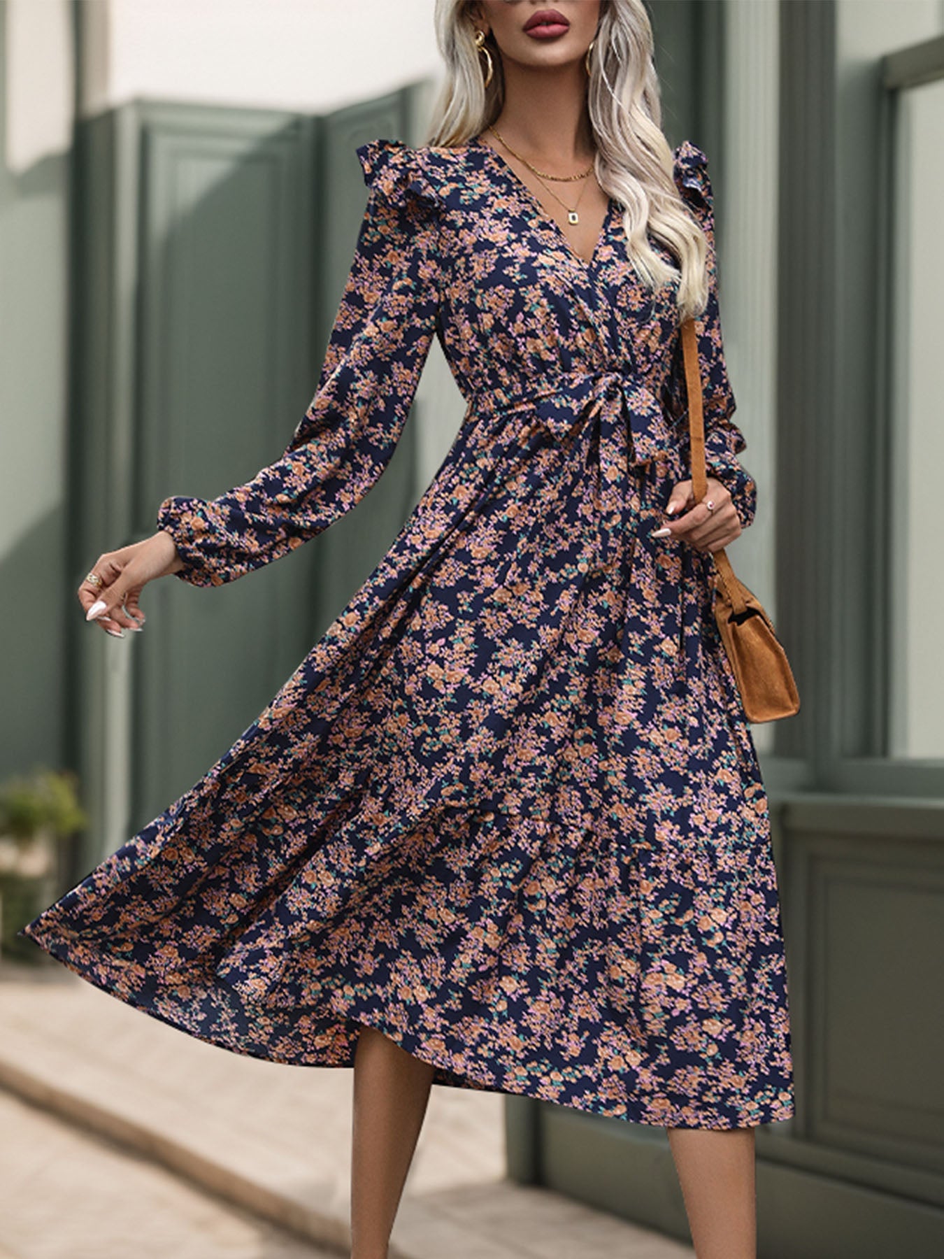 Printed Surplice Long Sleeve Midi Dress - Free Shipping - aurelia-clothing-8955