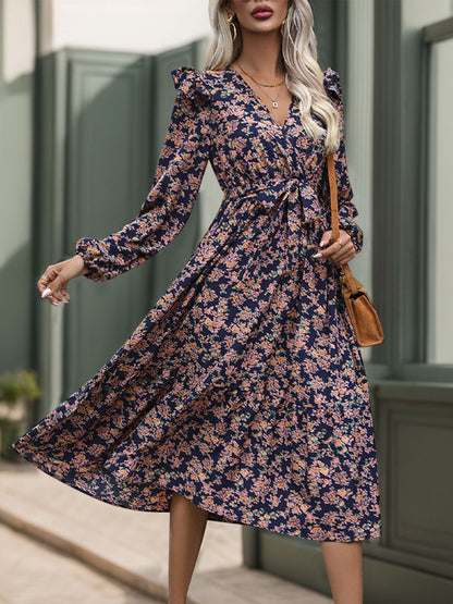 Printed Surplice Long Sleeve Midi Dress - Free Shipping - aurelia-clothing-8955