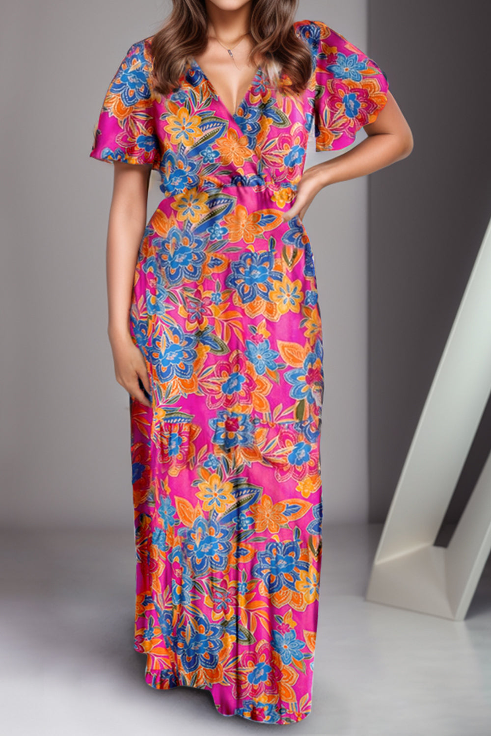 Printed Surplice Short Sleeve Maxi Dress - aurelia-clothing-8955
