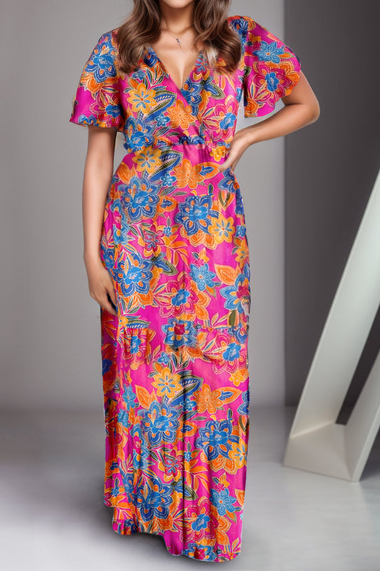 Printed Surplice Short Sleeve Maxi Dress - aurelia-clothing-8955