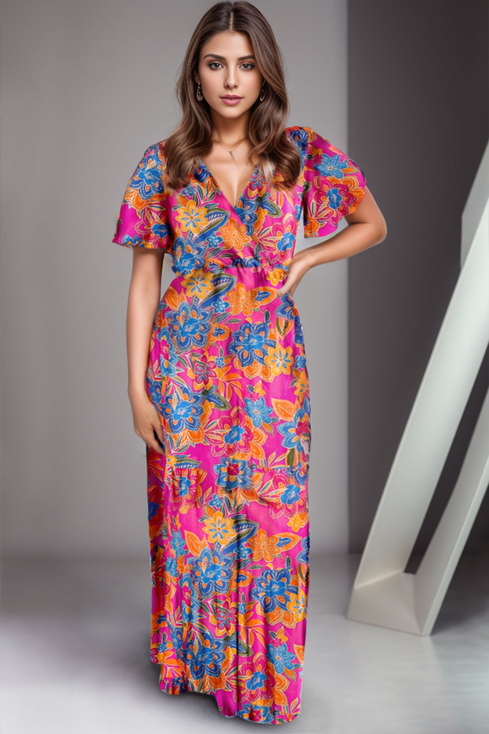 Printed Surplice Short Sleeve Maxi Dress - aurelia-clothing-8955