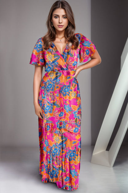 Printed Surplice Short Sleeve Maxi Dress - aurelia-clothing-8955