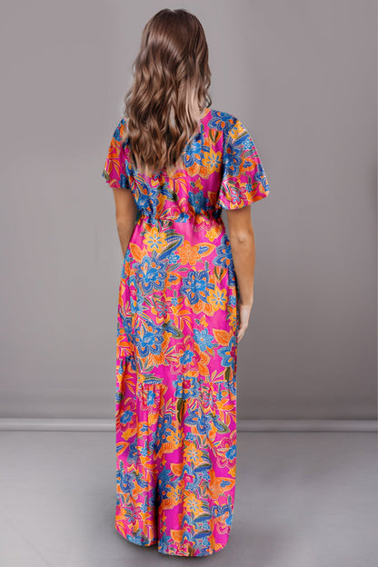 Printed Surplice Short Sleeve Maxi Dress - aurelia-clothing-8955