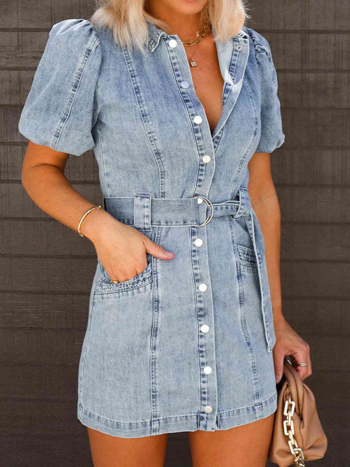 Puff Sleeve Button Up Mini Denim Dress - aurelia-clothing-8955