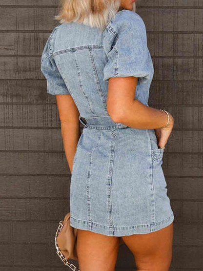 Puff Sleeve Button Up Mini Denim Dress - aurelia-clothing-8955