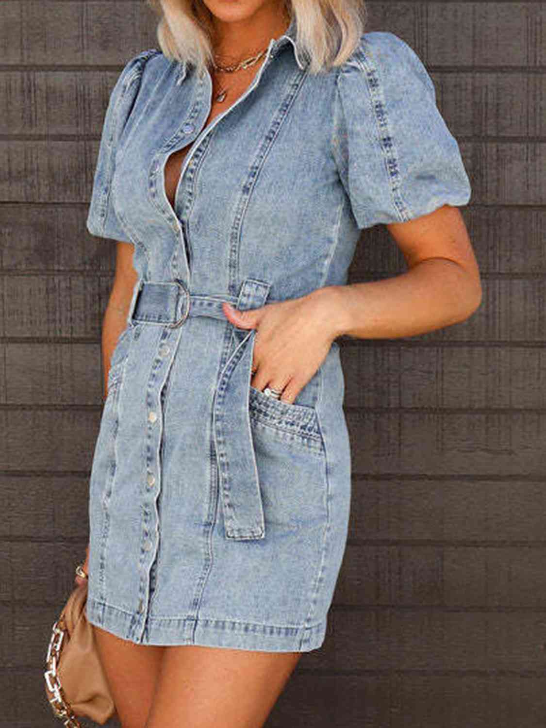 Puff Sleeve Button Up Mini Denim Dress - aurelia-clothing-8955