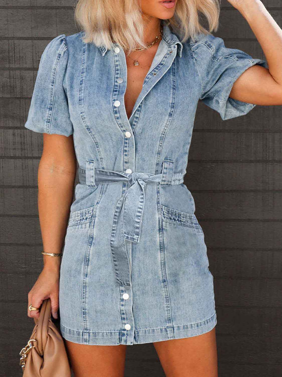 Puff Sleeve Button Up Mini Denim Dress - aurelia-clothing-8955