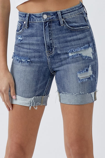RISEN Full Size Distressed Rolled Denim Shorts with Pockets - aurelia-clothing-8955