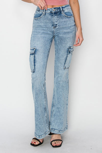 RISEN Full Size High Rise Cargo Flare Jeans - Free Shipping - aurelia-clothing-8955