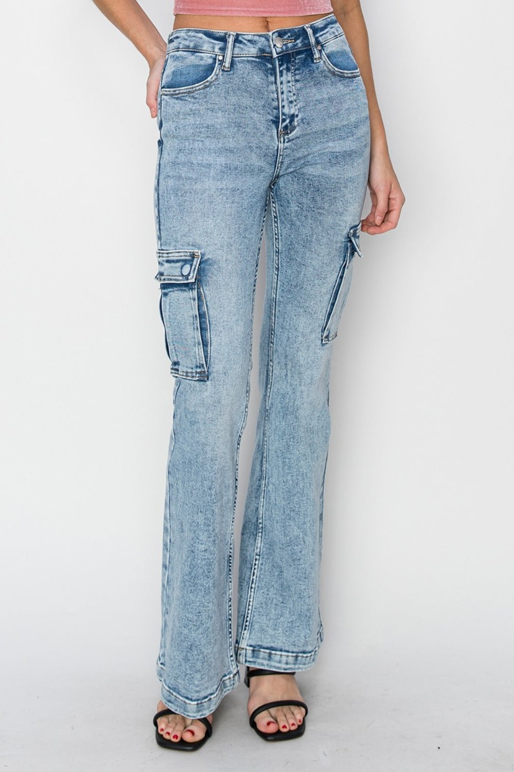 RISEN Full Size High Rise Cargo Flare Jeans - Free Shipping - aurelia-clothing-8955