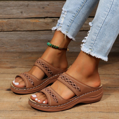 Retro car line anti slip round toe sloping heel comfortable one line sandals for women - Free Shipping - aurelia-clothing-8955