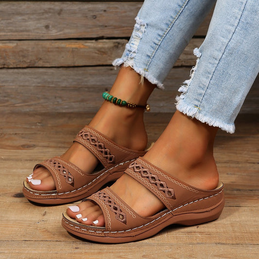 Retro car line anti slip round toe sloping heel comfortable one line sandals for women - Free Shipping - aurelia-clothing-8955