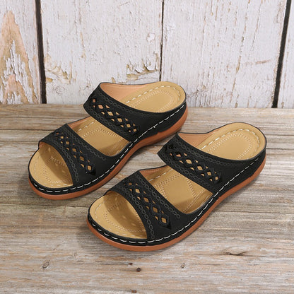 Retro car line anti slip round toe sloping heel comfortable one line sandals for women - Free Shipping - aurelia-clothing-8955